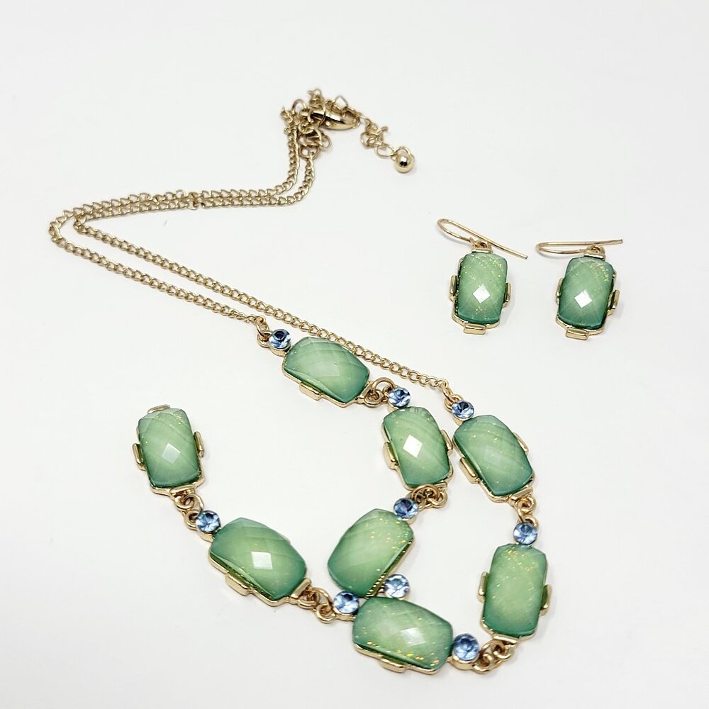 Estate Gold Tone Necklace Earring Set with Faceted Green Glass Blue rhinestones